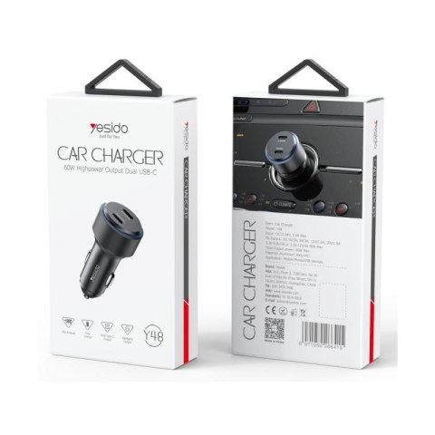 Yesido ładowarka samochodowa Y48 PD 60W 2xUSB-C BLACK / CZARNY
