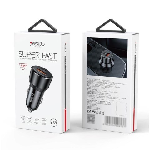 Yesido ładowarka samochodowa Y64 50W Fast Charging USB-A+C, BLACK / CZARNY