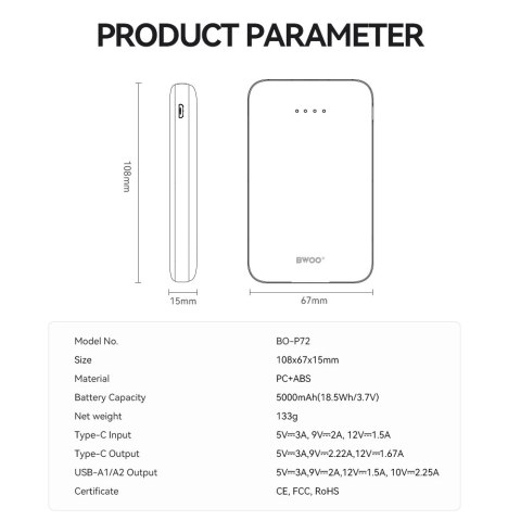 BWOO power bank P72 QC 22.5W PD 20W 5000 mAh z 2 x USB-A 1 x USB-C czarny