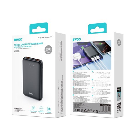 BWOO power bank P72 QC 22.5W PD 20W 5000 mAh z 2 x USB-A 1 x USB-C czarny