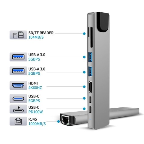 TECH-PROTECT HB09 HUB ADAPTER 8IN1 TYPE-C + USB-A3.0 + USB-C3.0 + HDMI 4K 60HZ + SD/TF + PD100W + RJ45 1000MB/S SPACE GREY