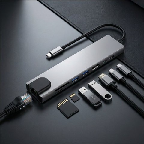 TECH-PROTECT HB09 HUB ADAPTER 8IN1 TYPE-C + USB-A3.0 + USB-C3.0 + HDMI 4K 60HZ + SD/TF + PD100W + RJ45 1000MB/S SPACE GREY