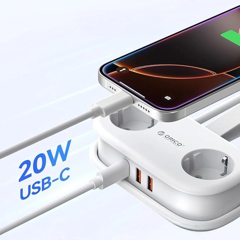 Listwa zasilająca Orico AP3 20W GaN 5w1 2x AC + 2x USB-A + 1x USB-C - biała
