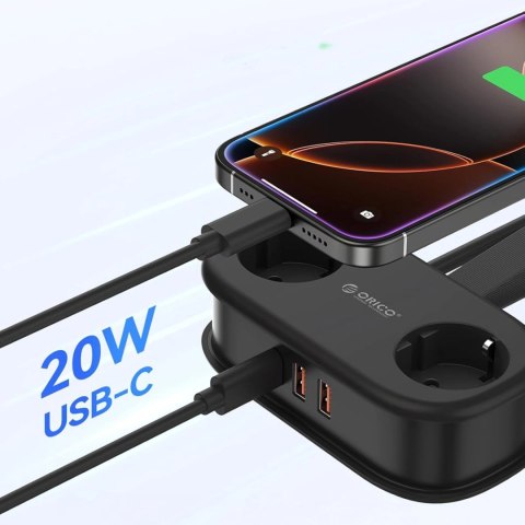 Listwa zasilająca Orico AP3 20W GaN 5w1 2x AC + 2x USB-A + 1x USB-C - czarna