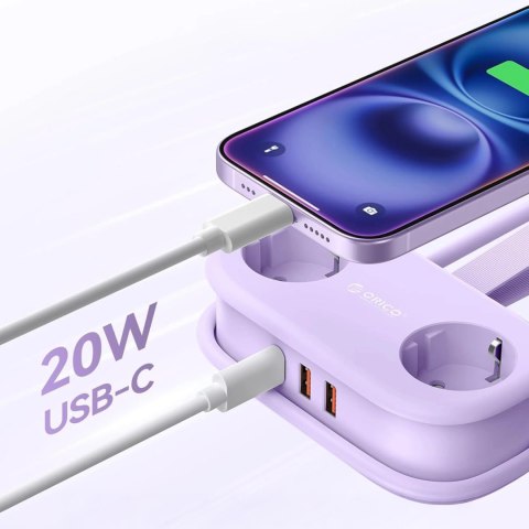 Listwa zasilająca Orico AP3 20W GaN 5w1 2x AC + 2x USB-A + 1x USB-C - fioletowa