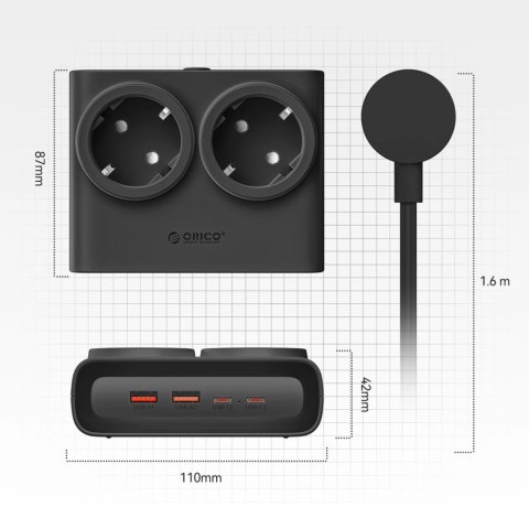 Listwa zasilająca Orico PDC25 25W 6w1 2x AC + 2x USB-A + 2x USB-C - czarna