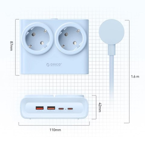 Listwa zasilająca Orico PDC25 25W 6w1 2x AC + 2x USB-A + 2x USB-C - niebieska