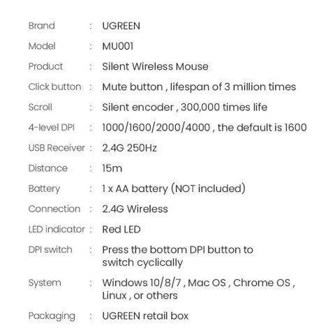 Myszka bezprzewodowa Ugreen MU001 optyczna USB - czarna
