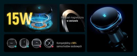 Uchwyt samochodowy Wozinsky WCT5-Q6S2Y z ładowarką indukcyjną Qi/MagSafe 15W na kratkę wentylacji z wentylatorem - czarny