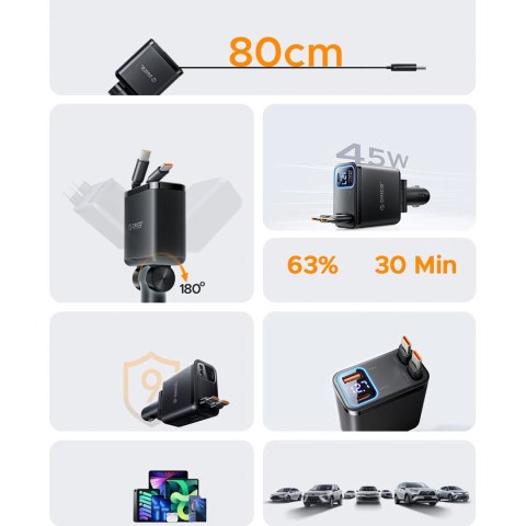 Ładowarka samochodowa ORICO Twin Reach 45W 1A3C Dual Retractable Car Charger