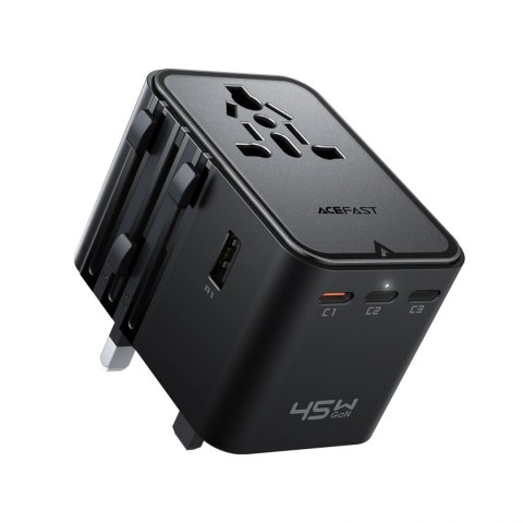 Adapter podróżny Acefast Z8 GaN 45W podróżna ładowarka sieciowa 3x USB-C + 2x USB-A z gniazdkiem AC 2500W - czarna