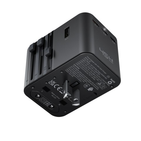 Adapter podróżny Acefast Z8 GaN 45W podróżna ładowarka sieciowa 3x USB-C + 2x USB-A z gniazdkiem AC 2500W - czarna