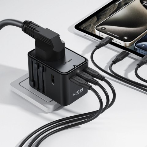 Adapter podróżny Acefast Z8 GaN 45W podróżna ładowarka sieciowa 3x USB-C + 2x USB-A z gniazdkiem AC 2500W - czarna