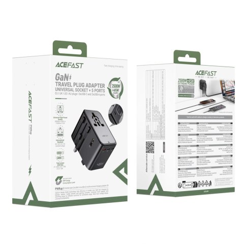 Adapter podróżny Acefast Z8 GaN 45W podróżna ładowarka sieciowa 3x USB-C + 2x USB-A z gniazdkiem AC 2500W - czarna