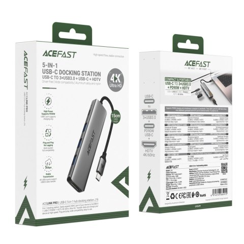 Hub USB Acefast J16 stacja dokująca USB-C 5w1 HDMI 4K 60Hz PD90W - szara