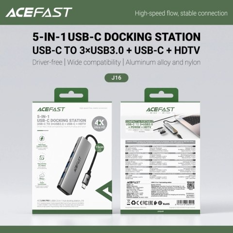 Hub USB Acefast J16 stacja dokująca USB-C 5w1 HDMI 4K 60Hz PD90W - szara