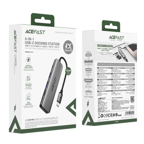 Hub USB Acefast J18 stacja dokująca USB-C 6w1 HDMI 4K 60Hz PD90W - szara
