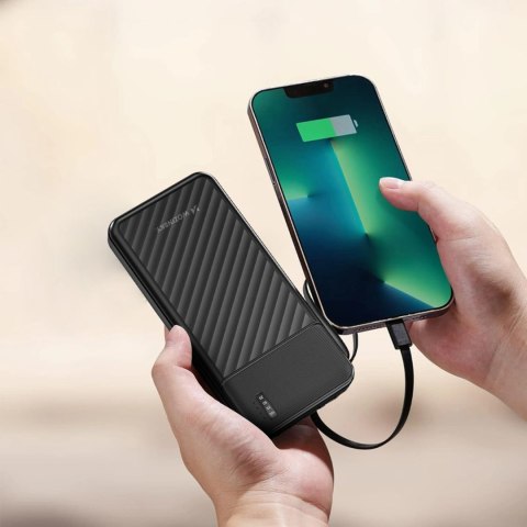 Powerbank Wozinsky W11-B 10000mAh 10W z wbudowanymi kablami i latarką - czarny