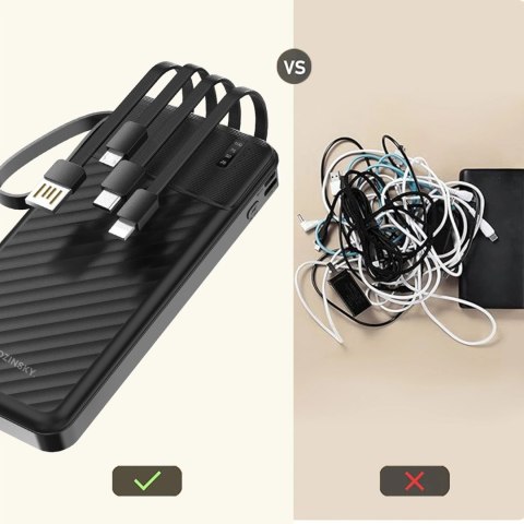 Powerbank Wozinsky W11-B 10000mAh 10W z wbudowanymi kablami i latarką - czarny