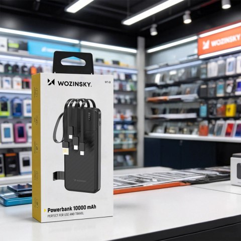 Powerbank Wozinsky W11-B 10000mAh 10W z wbudowanymi kablami i latarką - czarny