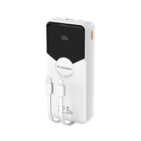 Powerbank Wozinsky WFC-15W 20000mAh 22,5W PD20W z wbudowanymi kablami Lightning i USB-C - biały