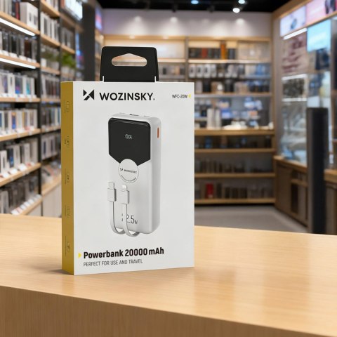 Powerbank Wozinsky WFC-15W 20000mAh 22,5W PD20W z wbudowanymi kablami Lightning i USB-C - biały