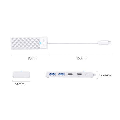 Hub USB Orico PAPW2AC-C3 4-portowy 2x USB-A 3.0 1x USB-C 3.0 z ładowaniem USB-C PD 100 W 0,15 m - biały