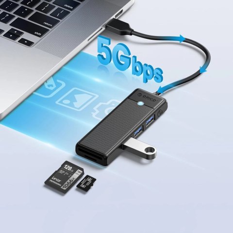 Hub USB Orico PAPW3AT-U3 4-portowy 3x USB-A 3.0 z czytnikiem kart microSD/SD 1 m - czarny