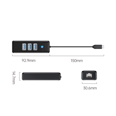 Hub USB Orico PW3UR25-C3 4-portowy 3x USB-A 3.0 1x RJ45 2.5G Ethernet 0,15 m - czarny