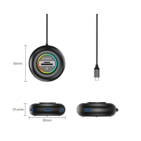 Hub USB Orico YXR5-C3 4-portowy USB-A 3.0 z czytnikiem SD i microSD 0,3 m - czarny