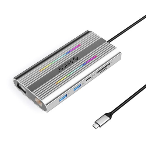 Stacja dokująca USB-C Orico XCR 12w1 RGB 3x USB-A USB-C PD 100W HDMI 4K VGA RJ45 Gigabit czytnik kart SD i microSD - srebrna