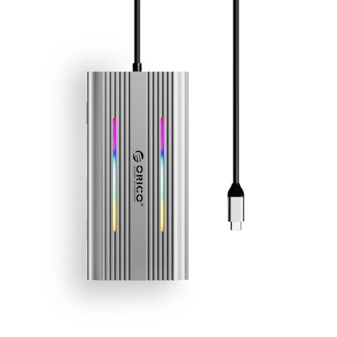 Stacja dokująca USB-C Orico XCR 12w1 RGB 3x USB-A USB-C PD 100W HDMI 4K VGA RJ45 Gigabit czytnik kart SD i microSD - srebrna