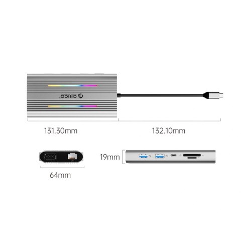 Stacja dokująca USB-C Orico XCR 12w1 RGB 3x USB-A USB-C PD 100W HDMI 4K VGA RJ45 Gigabit czytnik kart SD i microSD - srebrna