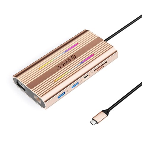Stacja dokująca USB-C Orico XDR 12w1 RGB 3x USB-A USB-C PD 100W HDMI 4K VGA RJ45 Gigabit czytnik kart SD i microSD - różowo-złot