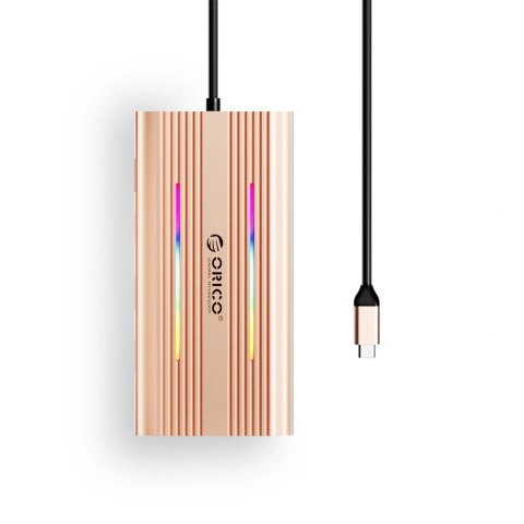 Stacja dokująca USB-C Orico XDR 12w1 RGB 3x USB-A USB-C PD 100W HDMI 4K VGA RJ45 Gigabit czytnik kart SD i microSD - różowo-złot