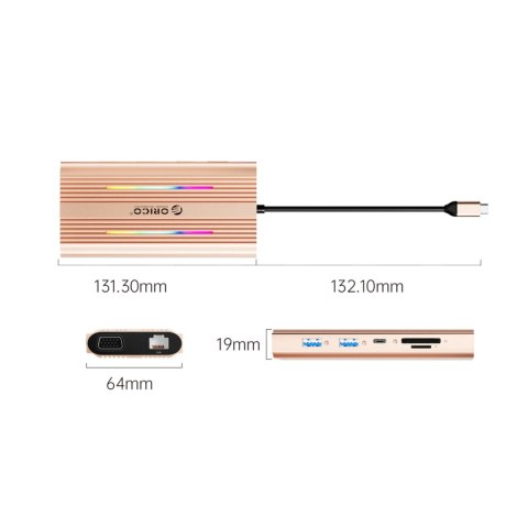 Stacja dokująca USB-C Orico XDR 12w1 RGB 3x USB-A USB-C PD 100W HDMI 4K VGA RJ45 Gigabit czytnik kart SD i microSD - różowo-złot