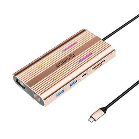 Stacja dokująca USB-C Orico XDR 12w1 RGB USB-A USB-C PD 100W 2x HDMI 4K 60Hz VGA RJ45 Gigabit czytnik kart SD i microSD - różowo