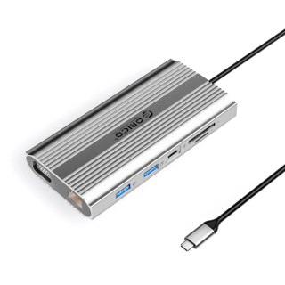 Stacja dokująca USB-C Orico XDR 12w1 USB-A USB-C HDMI 4K VGA RJ45 Gigabit PD 100W czytnik kart SD i microSD - srebrna