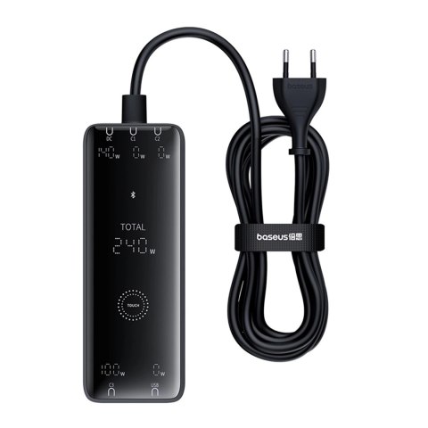 Ładowarka sieciowa Baseus Digital GaN 3xUSB-C 1xUSB-A 240W z kablem zasilającym - czarna