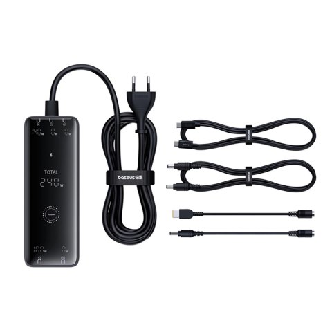 Ładowarka sieciowa Baseus Digital GaN 3xUSB-C 1xUSB-A 240W z kablem zasilającym - czarna