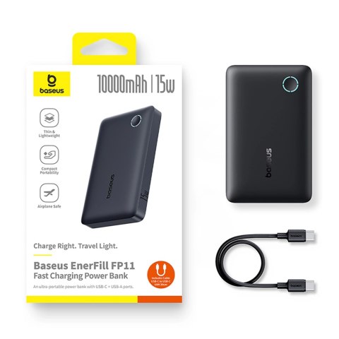 Powerbank Baseus EnerFill FP11 10000mAh 15W (z czarnym kablem Simple USB-C - USB-C 20V/3A 30cm) - czarny