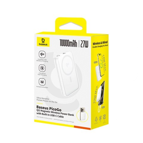 Powerbank Baseus PicoGo 10000mAh 27W Qi2 kompatybilny z MagSafe z wbudowanym kablem USB-C - biały