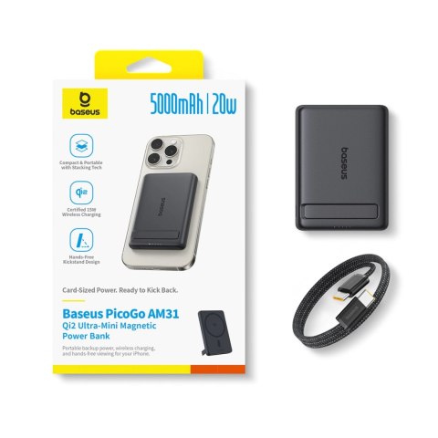 Powerbank Baseus PicoGo AM31 Qi2 5000mAh 20W kompatybilny z MagSafe z podstawką (z czarnym kablem Simple Braided USB-C - USB-C 3