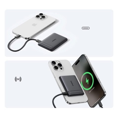 Powerbank Baseus PicoGo AM31 Qi2 5000mAh 20W kompatybilny z MagSafe z podstawką (z czarnym kablem Simple Braided USB-C - USB-C 3