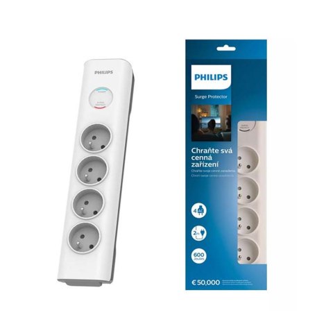 Listwa zasilająca antyprzepięciowa PHILIPS przedłużacz sieciowy 4 gniazda 2m 16A biała
