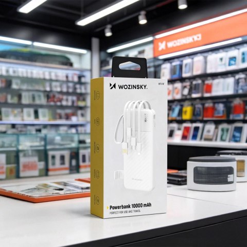 Powerbank Wozinsky W11-W 10000mAh 10W z wbudowanymi kablami i latarką - biały