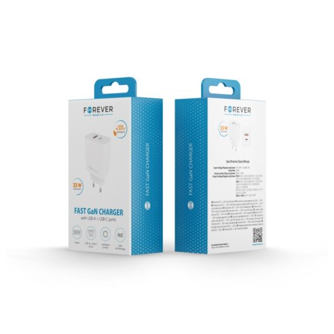 Forever ładowarka sieciowa GaN PD QC TC-09-33AC 1x USB-C + 1x USB 33W biała