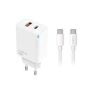 Maxlife ładowarka sieciowa PD QC MXTC-09-45AC 1x USB-C 1x USB 45W biała + kabel USB-C - USB-C 2,0m 60W