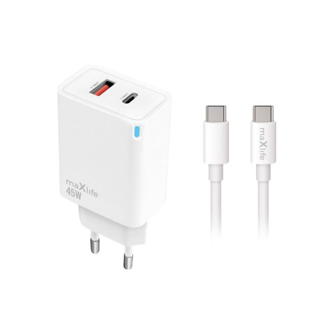 Maxlife ładowarka sieciowa PD QC MXTC-09-45AC 1x USB-C 1x USB 45W biała + kabel USB-C - USB-C 2,0m 60W