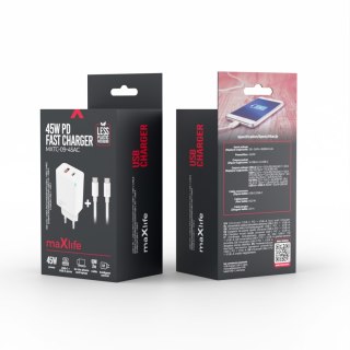 Maxlife ładowarka sieciowa PD QC MXTC-09-45AC 1x USB-C 1x USB 45W biała + kabel USB-C - USB-C 2,0m 60W